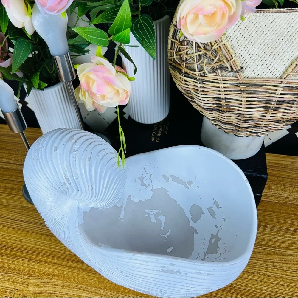 Large‎ Distressed Shell Vase White Resin Organic Sculptural Form Coastal Luxury